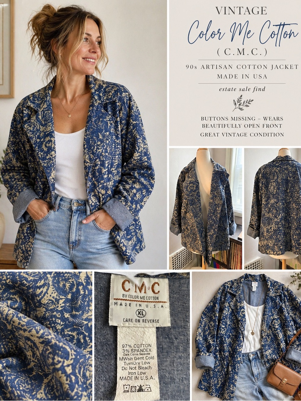 Color Me Cotton Vintage Jacket 90s Blue Floral Cotton | Open Front Boho Layer XL